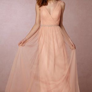 BHLDN Pippa dress, Watters gown in aurora pink